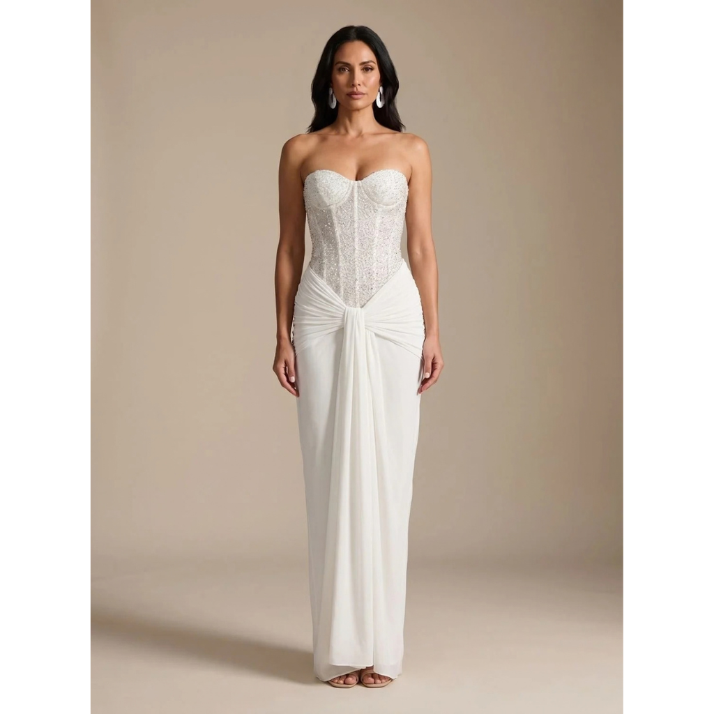 Annika | Off Shoulder Maxikleid für Damen mit Perlen