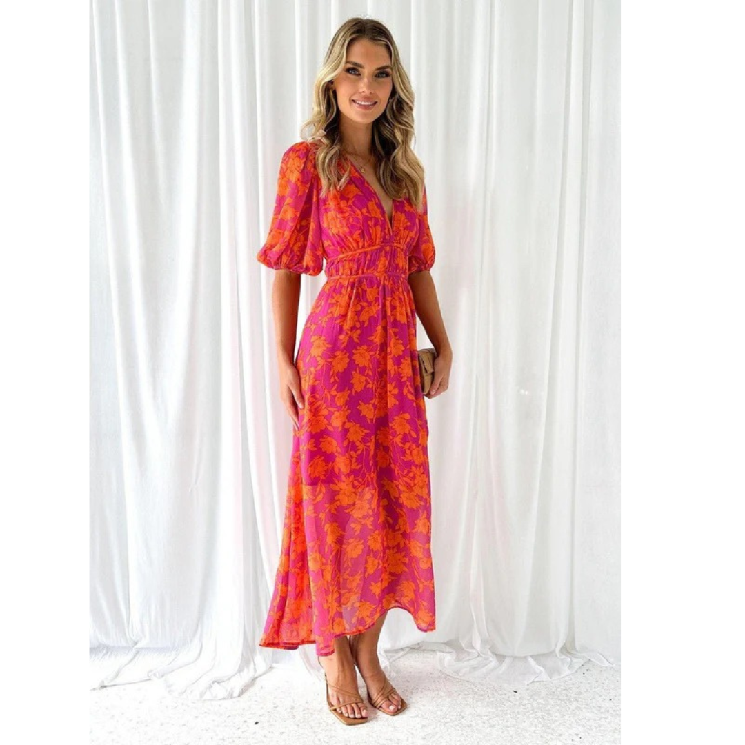 Geraldine | Damen Rosa-Orange Midikleid Mit Puffärmeln