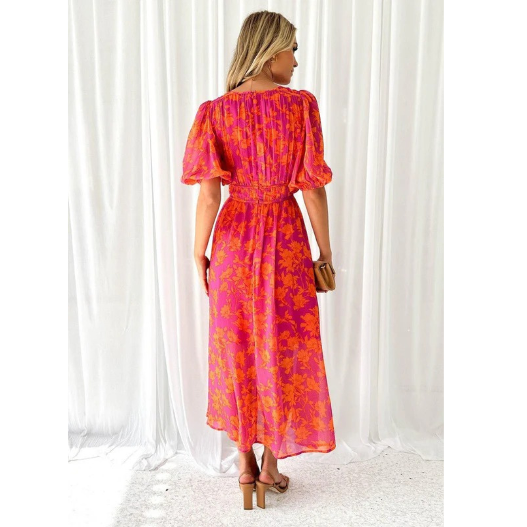 Geraldine | Damen Rosa-Orange Midikleid Mit Puffärmeln