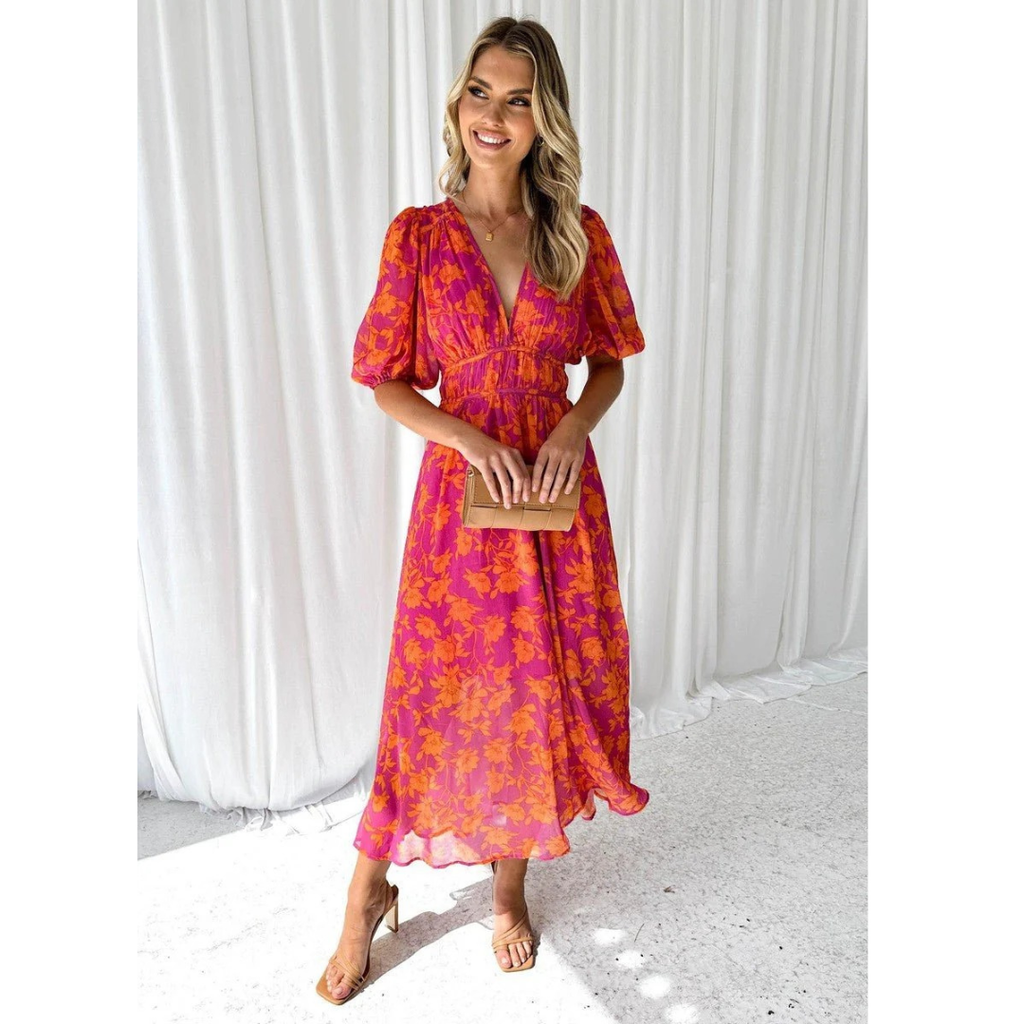 Geraldine | Damen Rosa-Orange Midikleid Mit Puffärmeln
