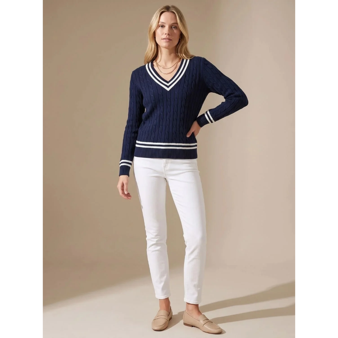 Herta | Damen Pullover mit V Ausschnitt und Streifen
