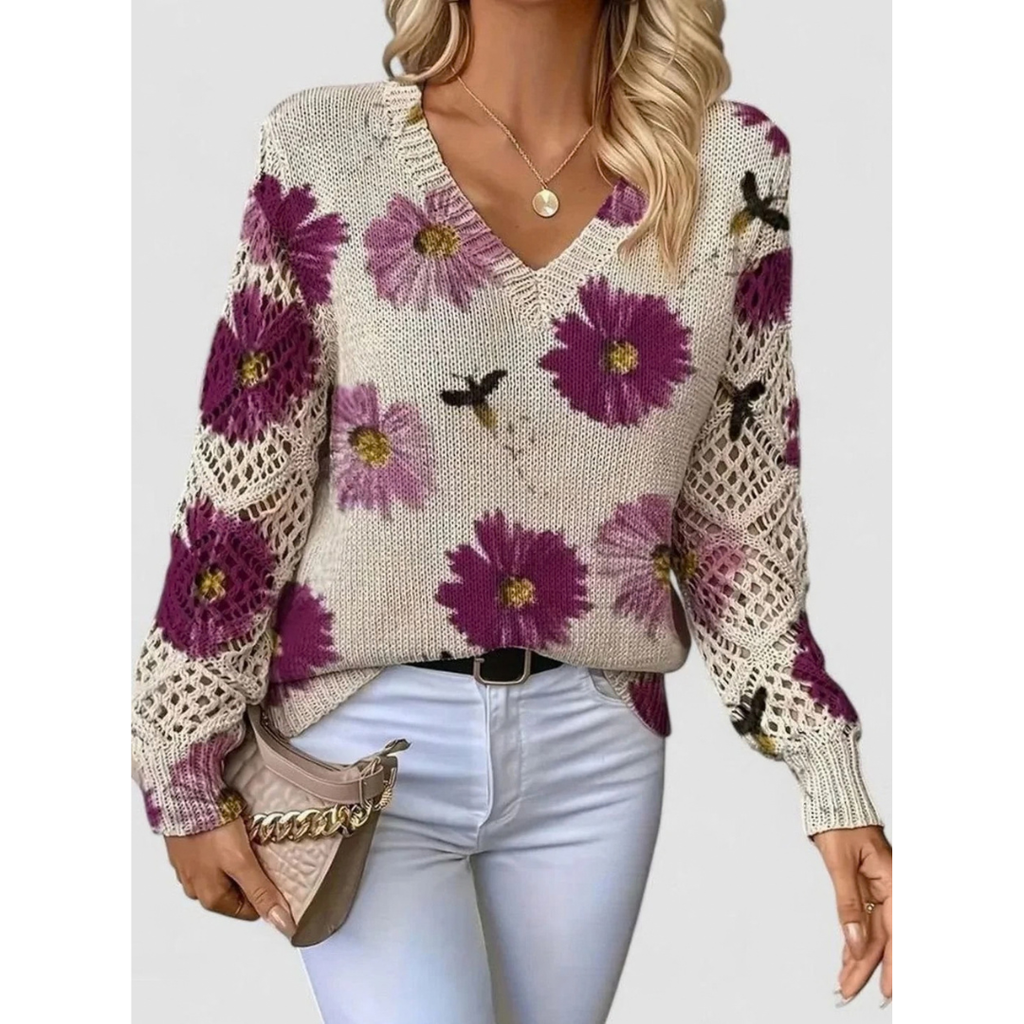 Isabelle | Damen Strickpullover mit V Ausschnitt und Muster