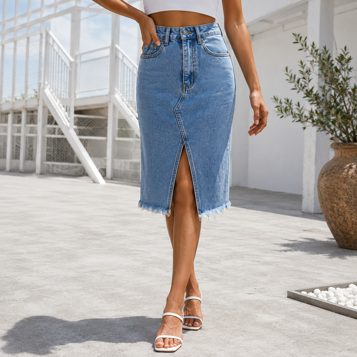 Jenna | Damen Rock Midi Schlitz Hohe Taille Elegant
