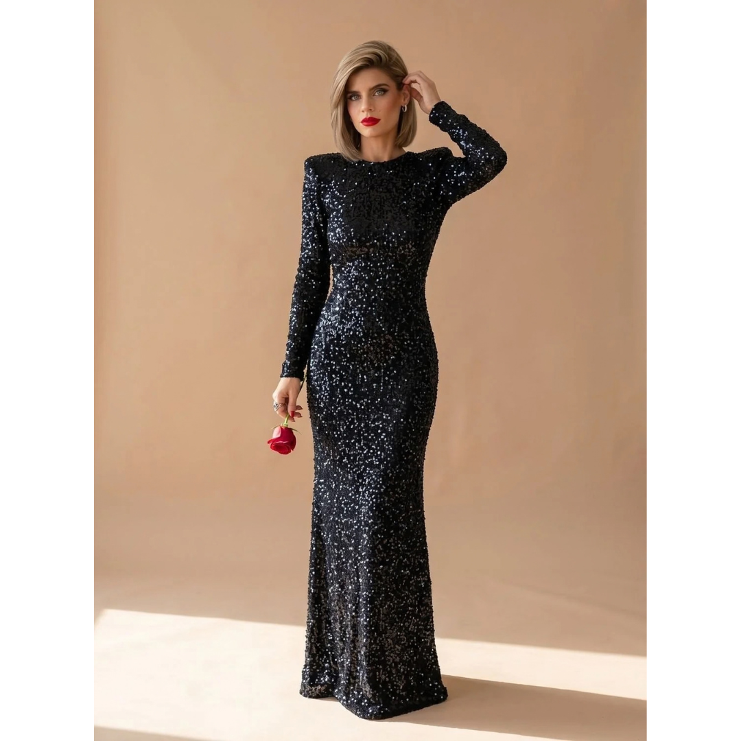Marianne | Damen Maxikleid mit Pailletten und Langarm