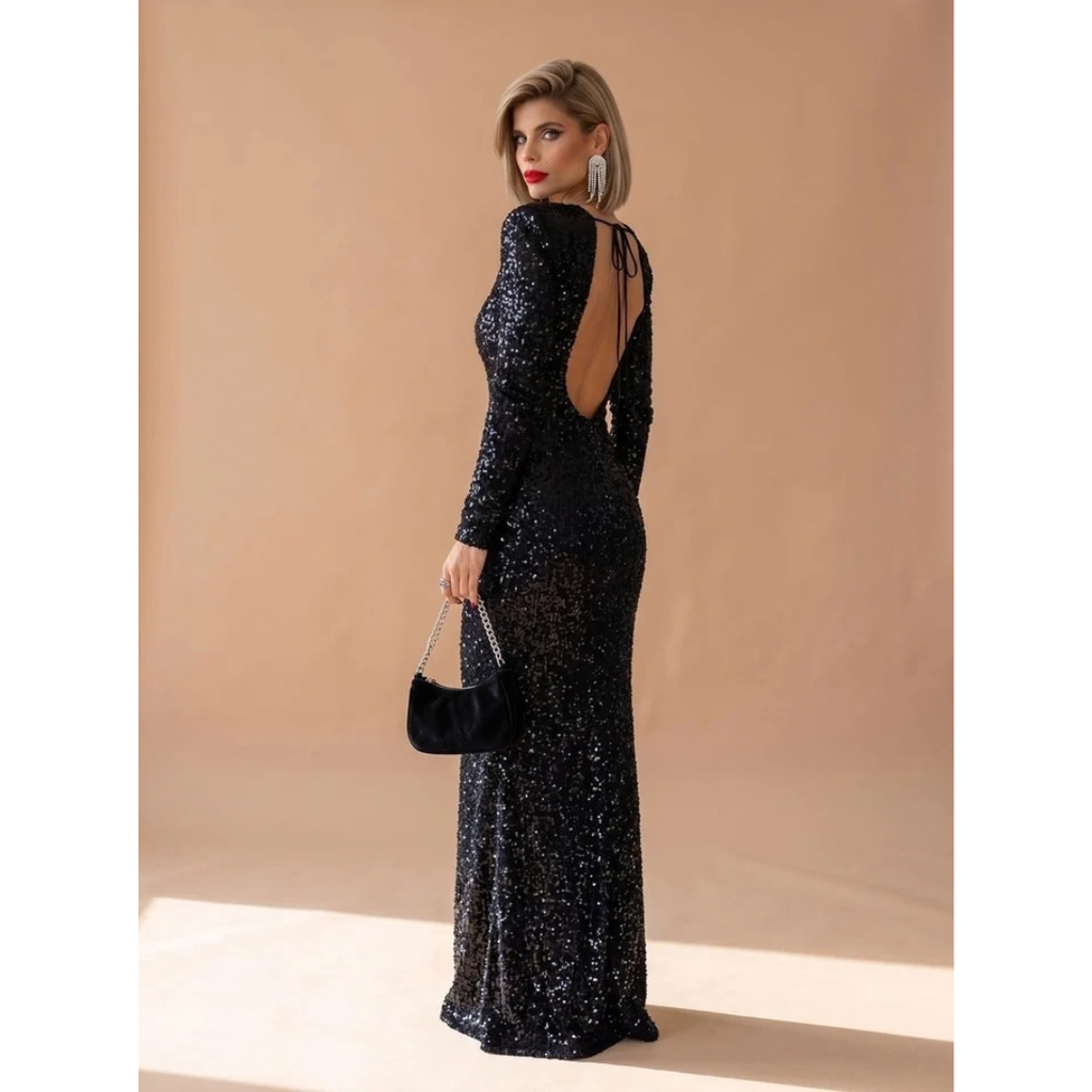 Marianne | Damen Maxikleid mit Pailletten und Langarm