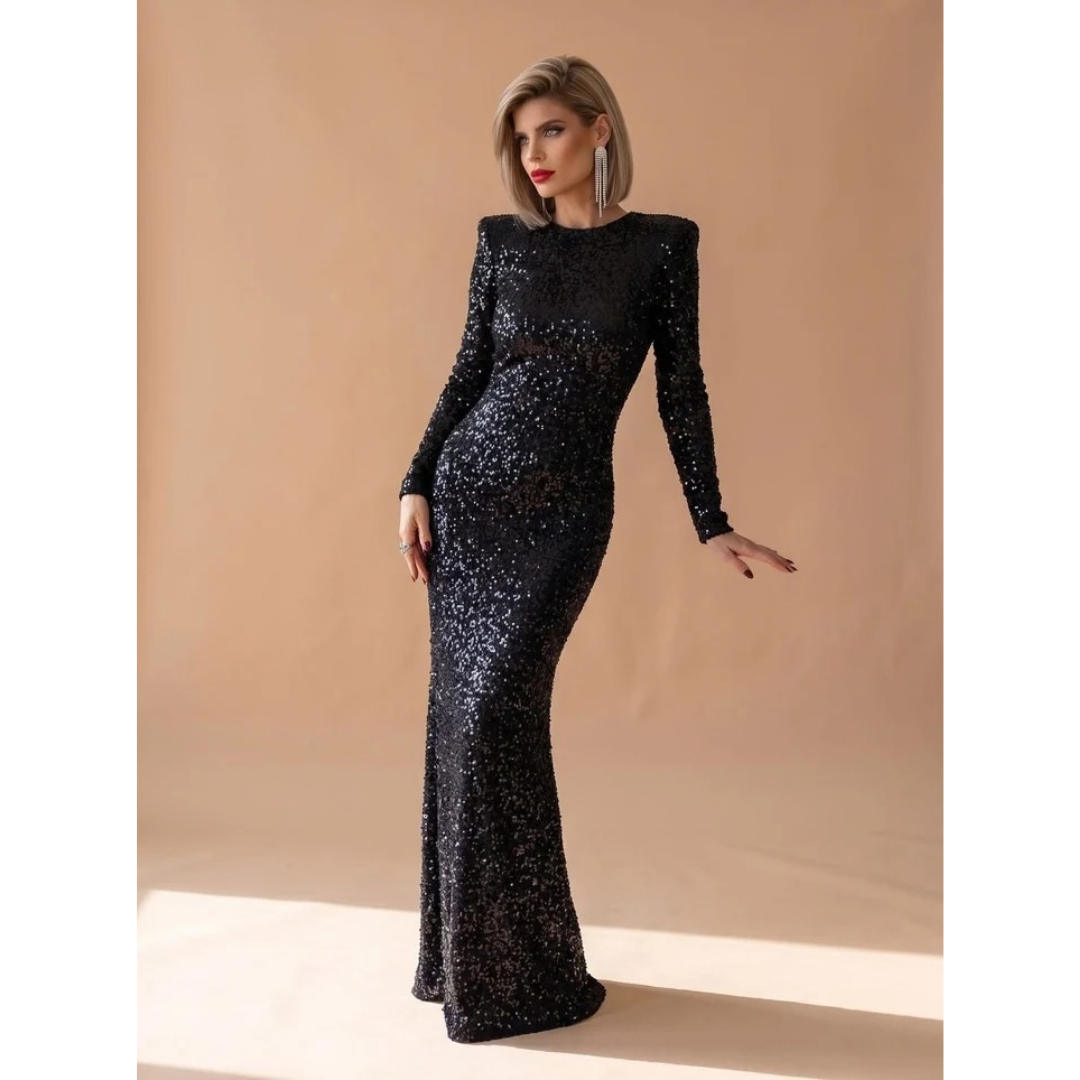 Marianne | Damen Maxikleid mit Pailletten und Langarm
