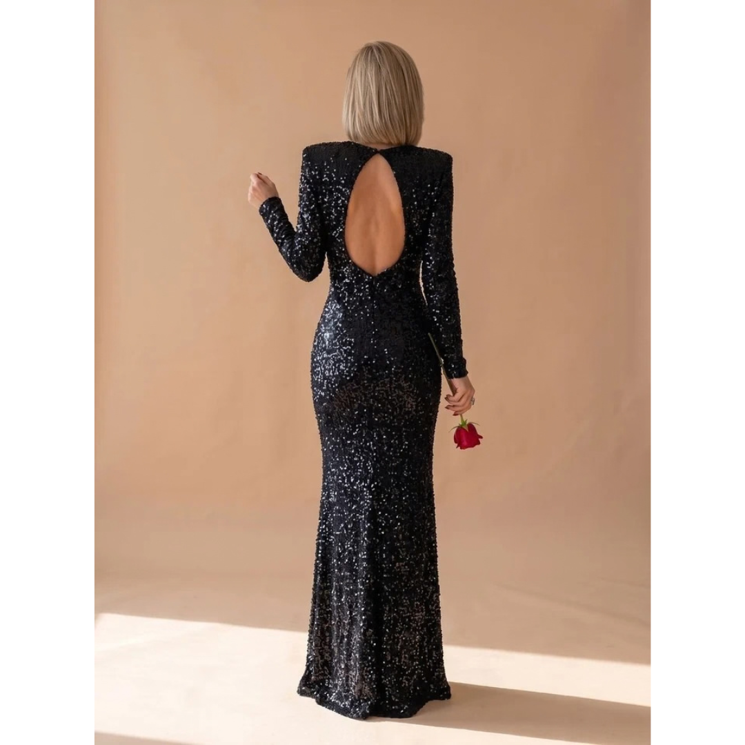 Marianne | Damen Maxikleid mit Pailletten und Langarm