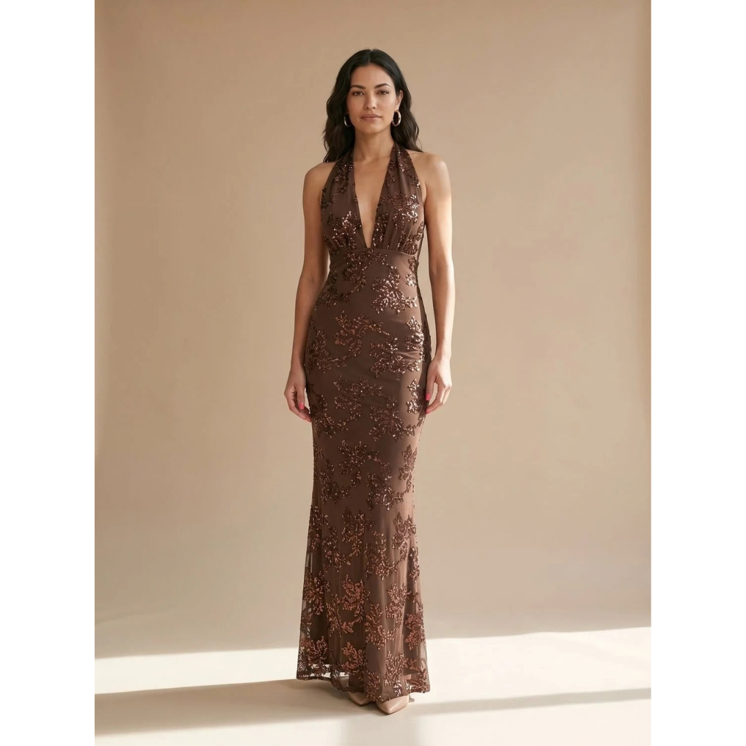 Pauline | Damen Maxikleid mit Blumenmuster und Pailletten