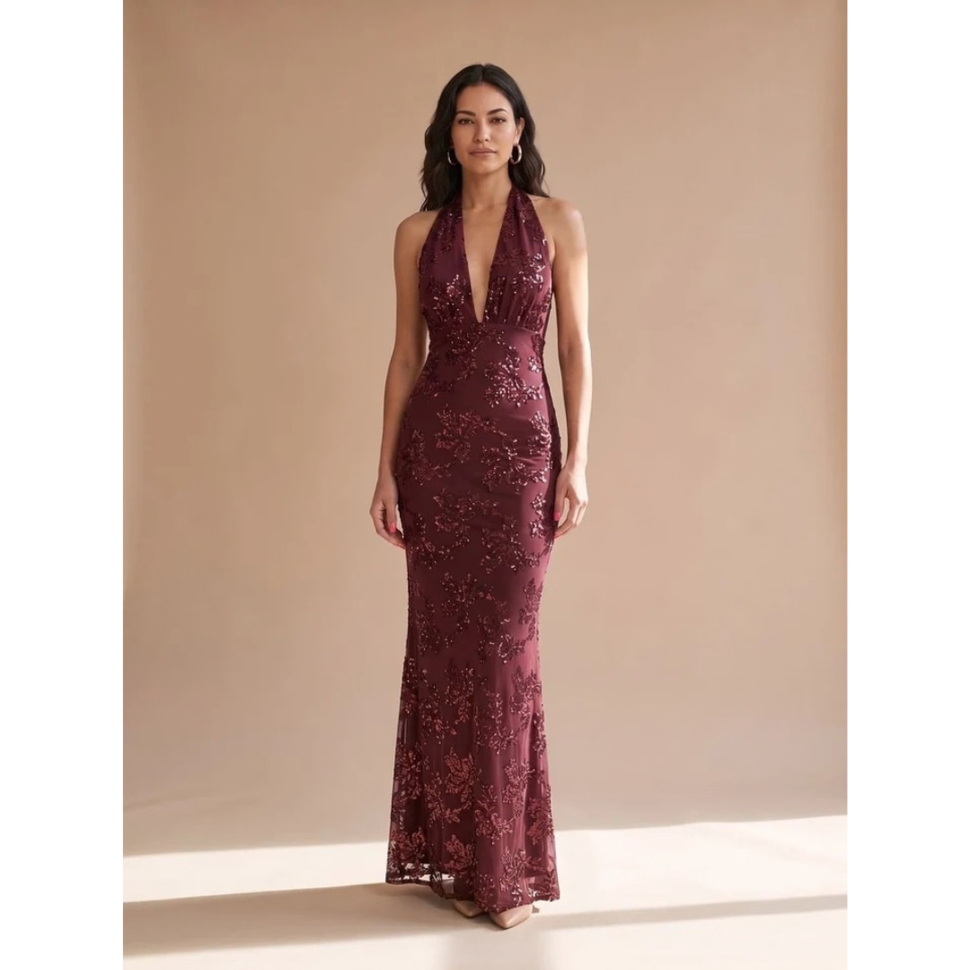 Pauline | Damen Maxikleid mit Blumenmuster und Pailletten