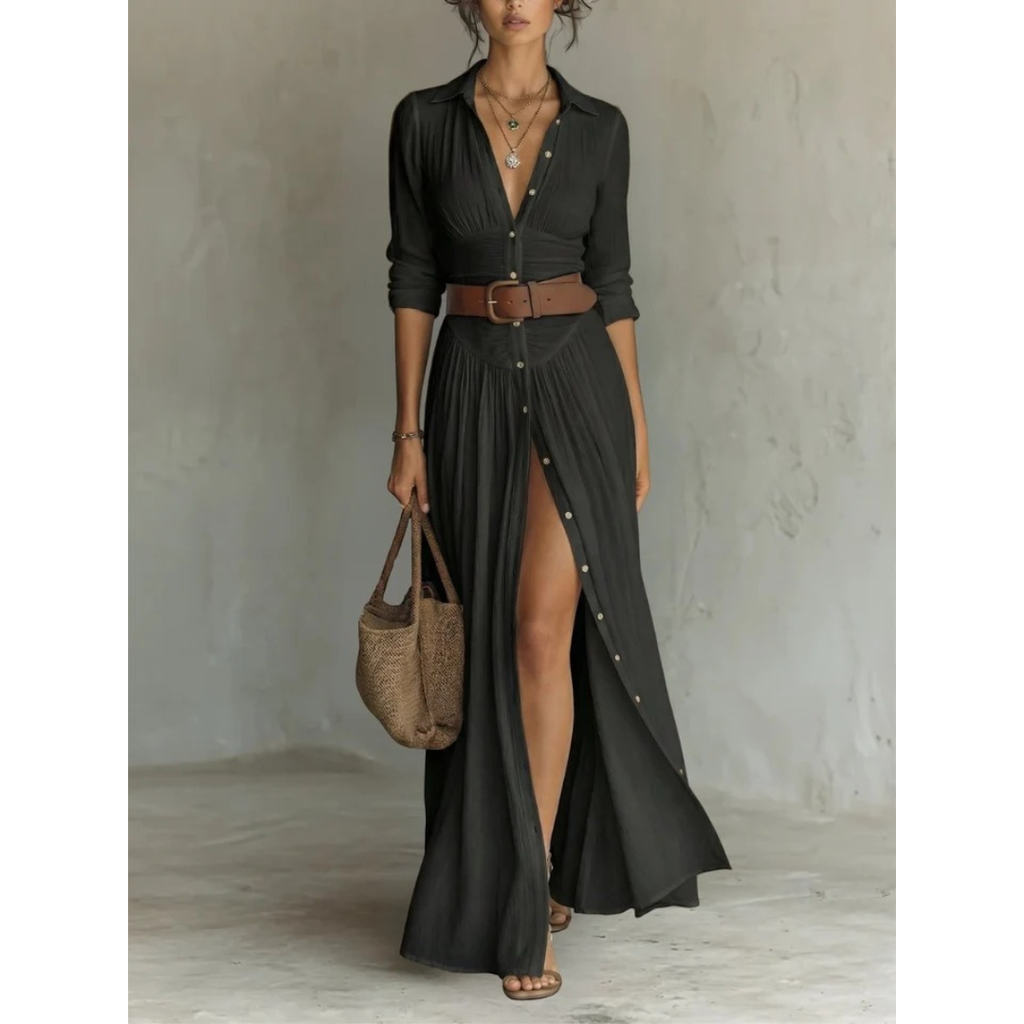 Saskia | Damen Abendkleid mit Knöpfen und Gürtel