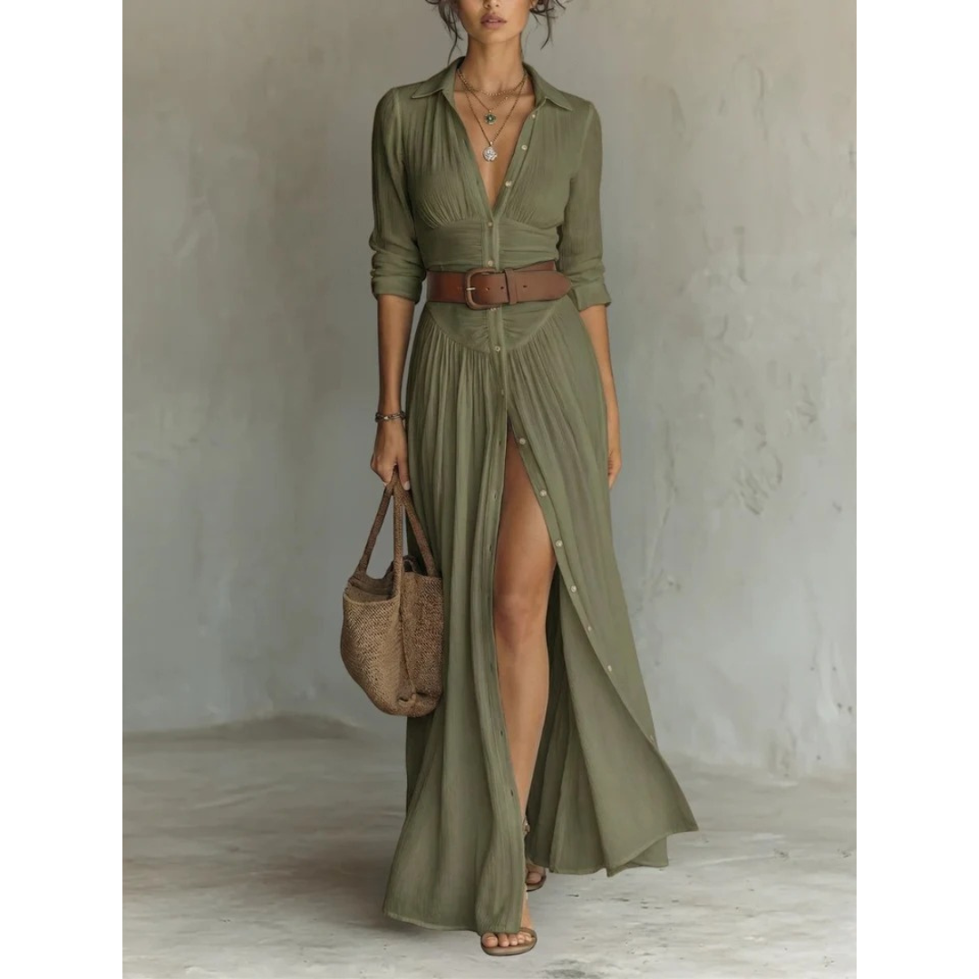 Saskia | Damen Abendkleid mit Knöpfen und Gürtel