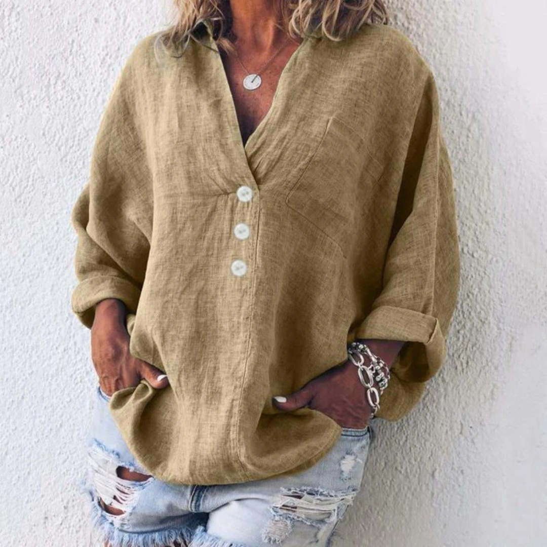 Adaline | Damen Stilvolle Bluse V-Ausschnitt Leinen