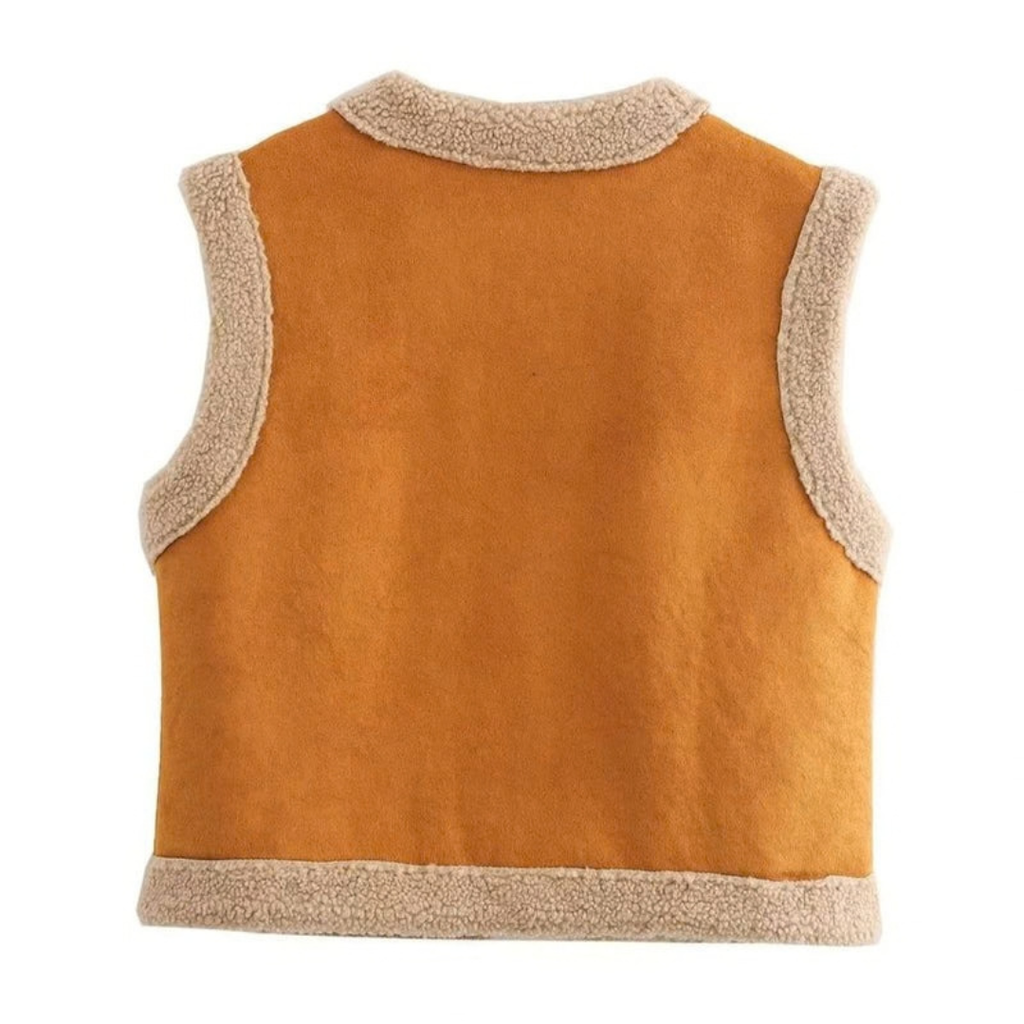 Adela | Damen Braune Weste mit Taschen und Fleece Details