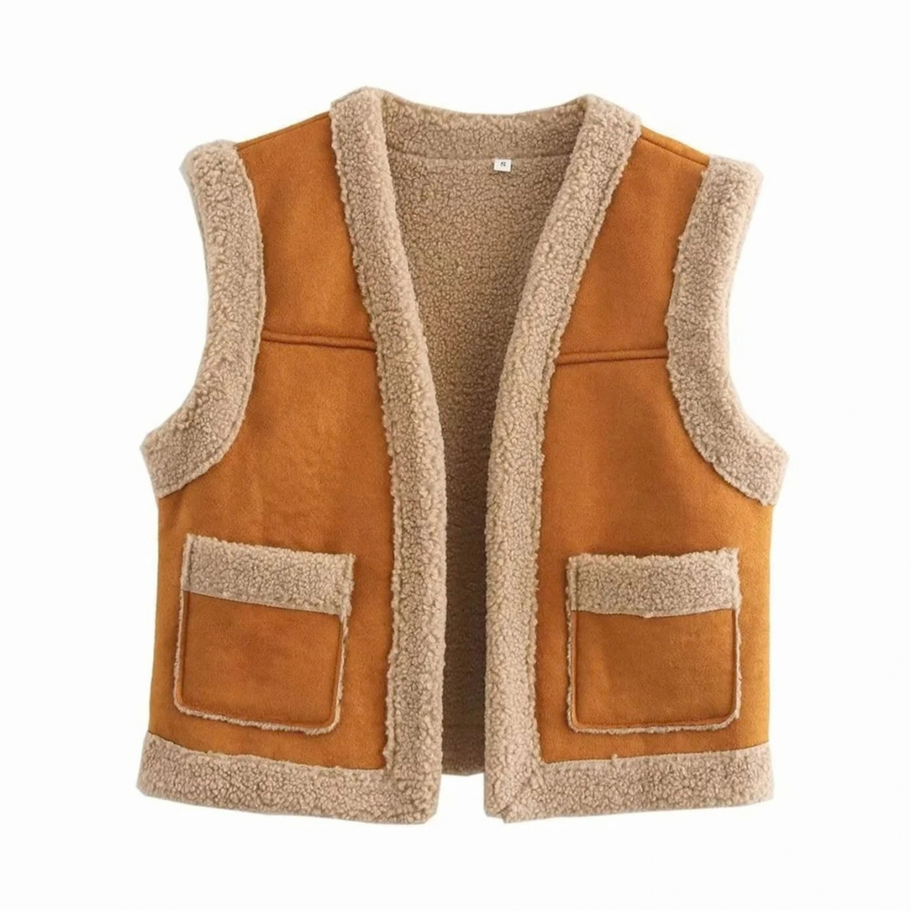 Adela | Damen Braune Weste mit Taschen und Fleece Details