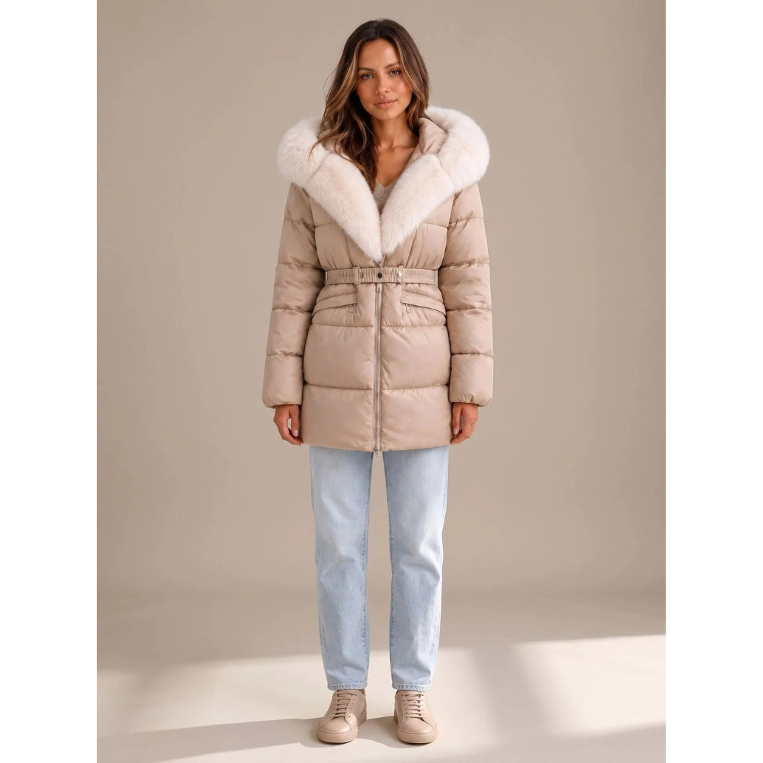 Adele | Damen Winterjacke mit Kapuze, Gürtel und Reißverschluss