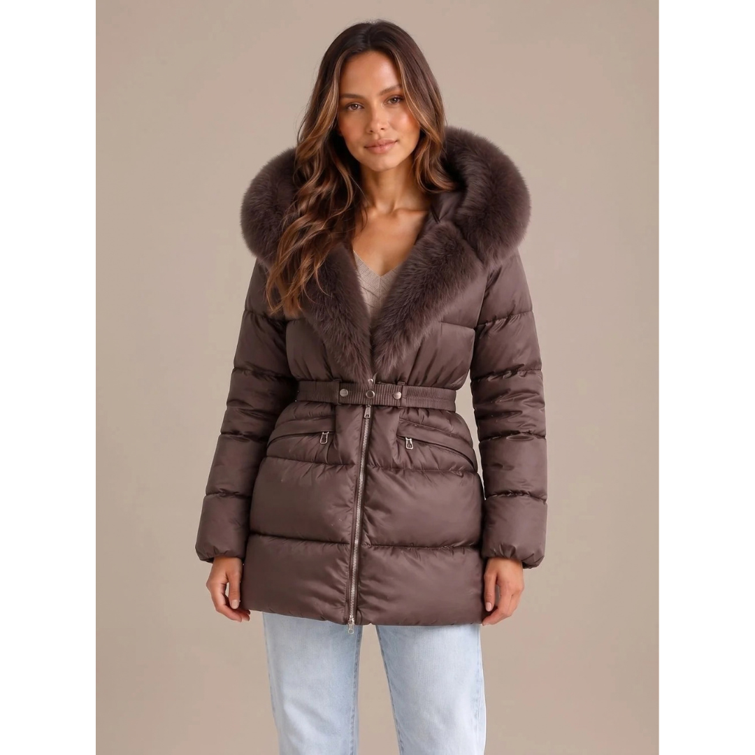 Adele | Damen Winterjacke mit Kapuze, Gürtel und Reißverschluss