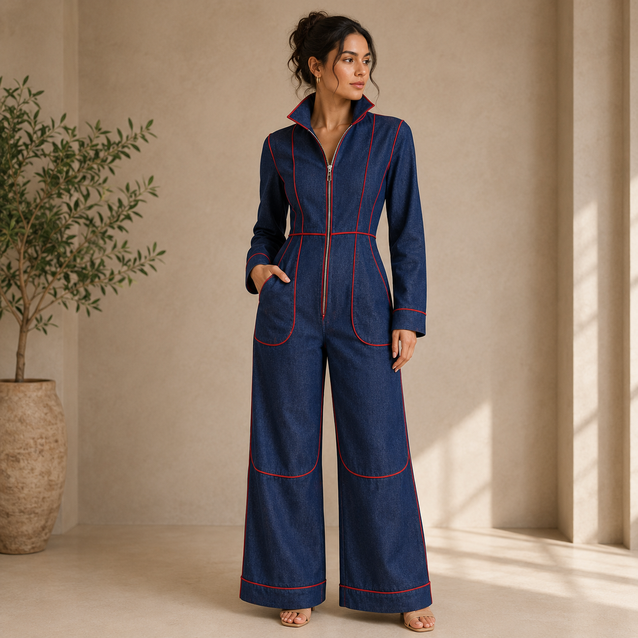 Adelheid | Damen Dunkelblauer Langarm Jumpsuit