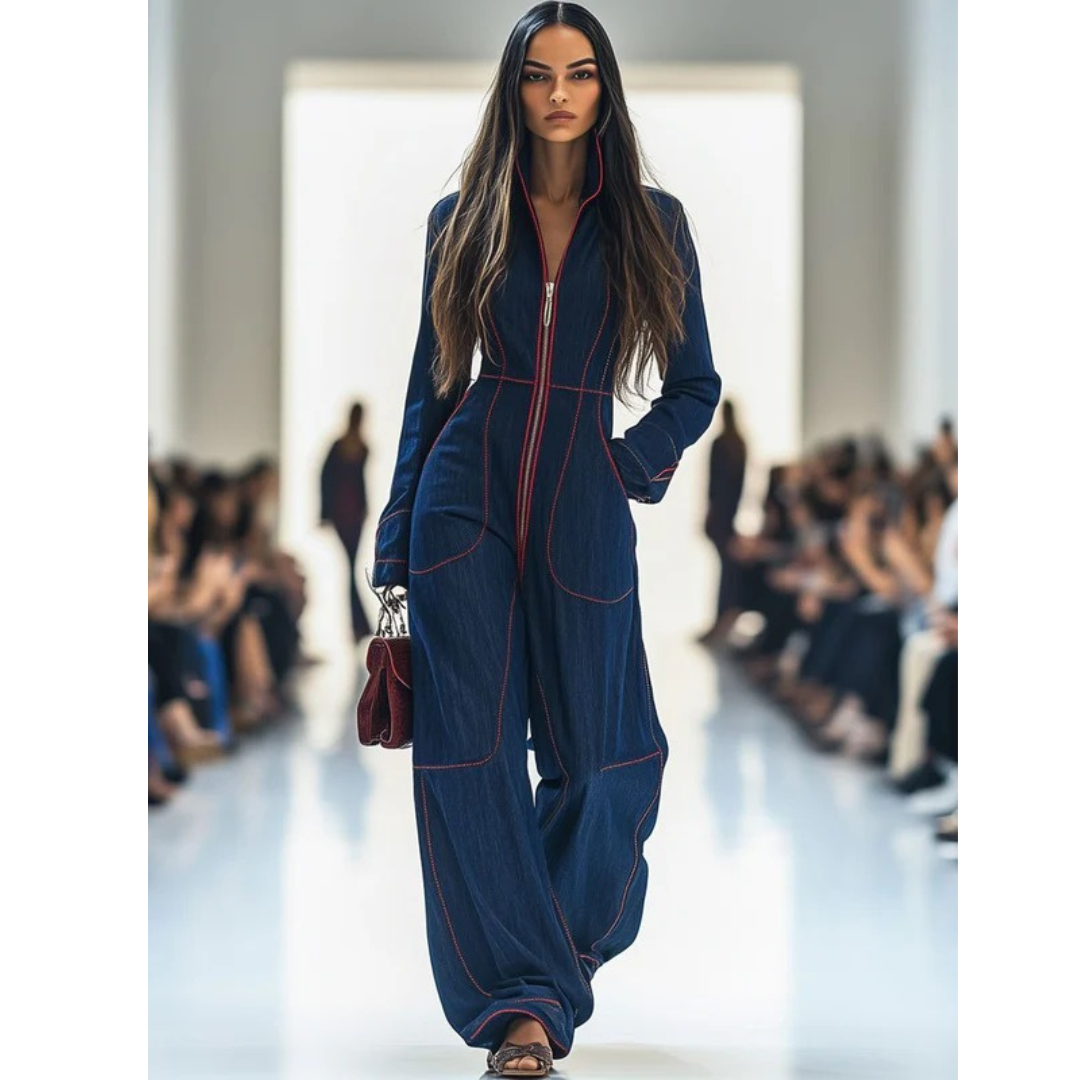 Adelheid | Damen Dunkelblauer Langarm Jumpsuit