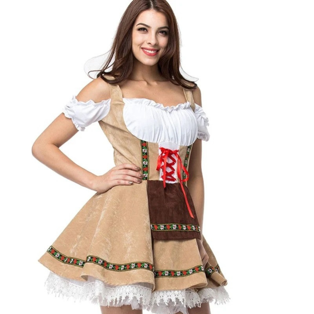 Adelina | Damen Beige Oktoberfest Dirndl Mit Roter Schleife Und Weißem Blusen