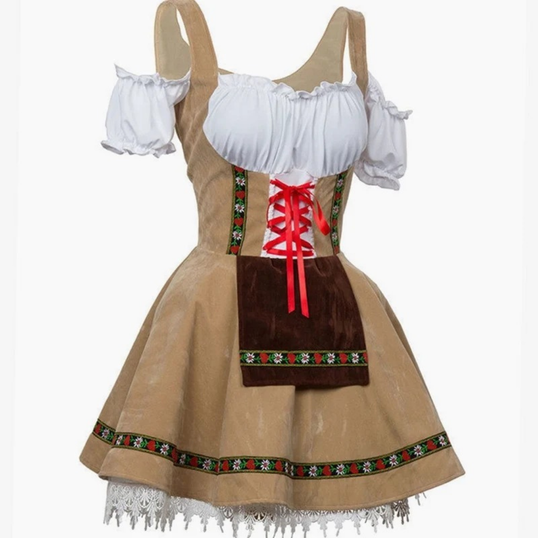Adelina | Damen Beige Oktoberfest Dirndl Mit Roter Schleife Und Weißem Blusen