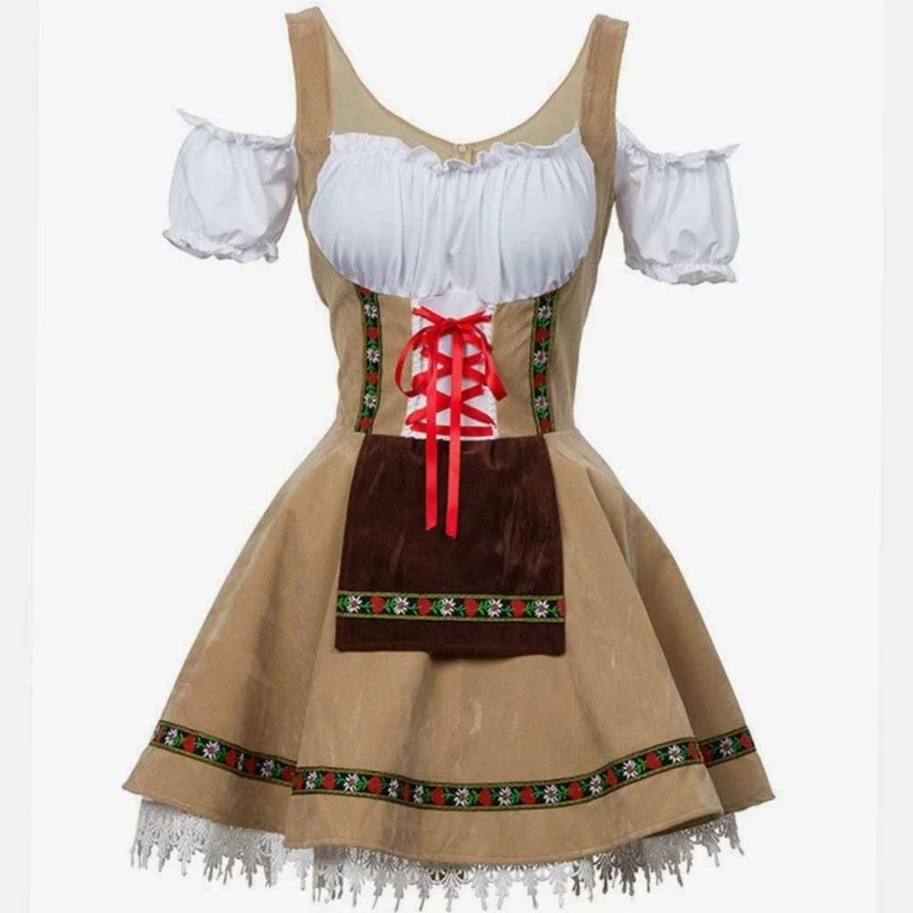 Adelina | Damen Beige Oktoberfest Dirndl Mit Roter Schleife Und Weißem Blusen