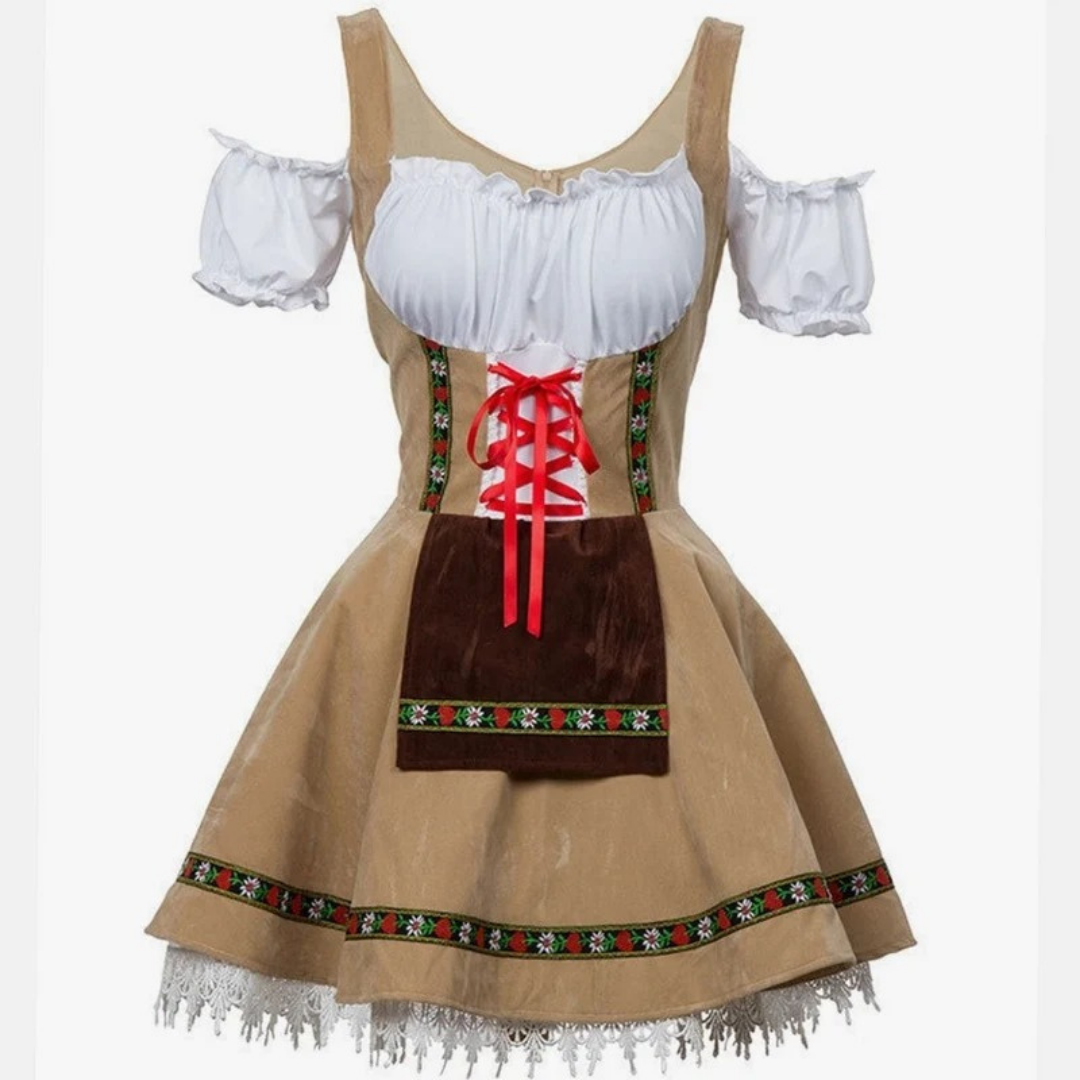 Adelina | Damen Beige Oktoberfest Dirndl Mit Roter Schleife Und Weißem Blusen