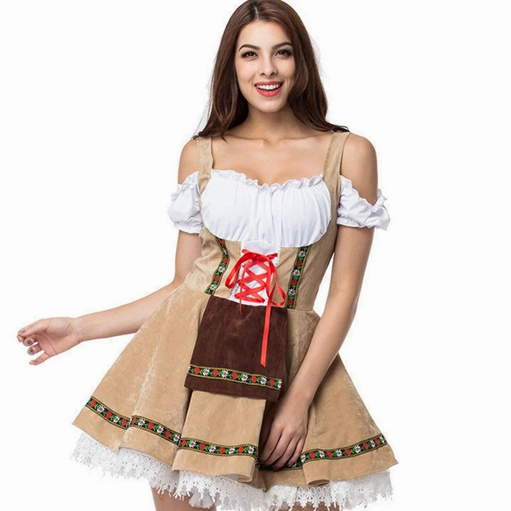 Adelina | Damen Beige Oktoberfest Dirndl Mit Roter Schleife Und Weißem Blusen