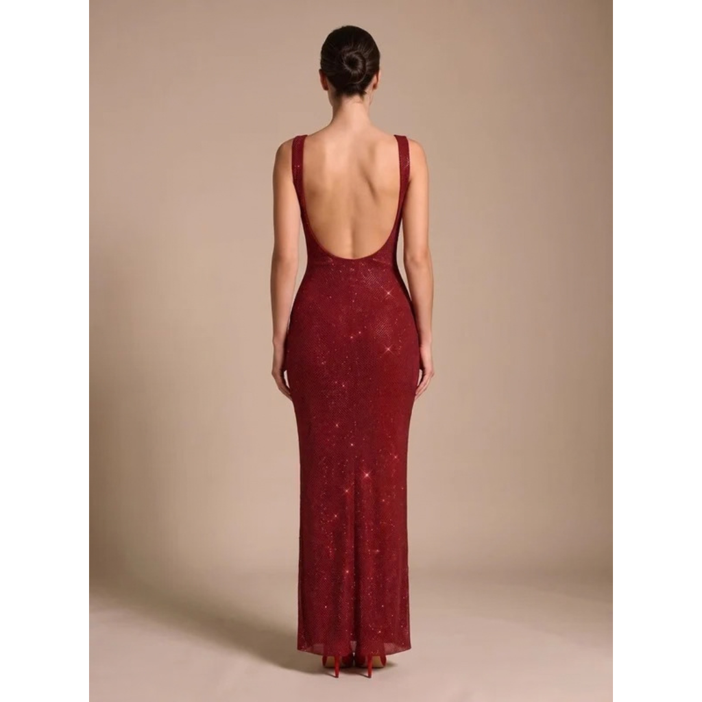 Adelina | Damen Maxi Kleid mit Pailletten und offener Rückseite