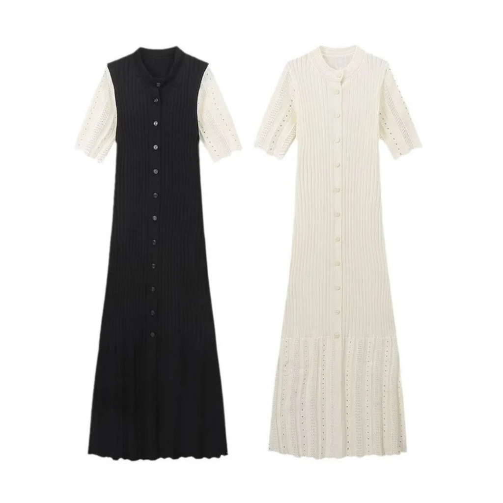 Adelina | Damen Strickkleid mit Maxi Länge, Knöpfen und Rippen Optik