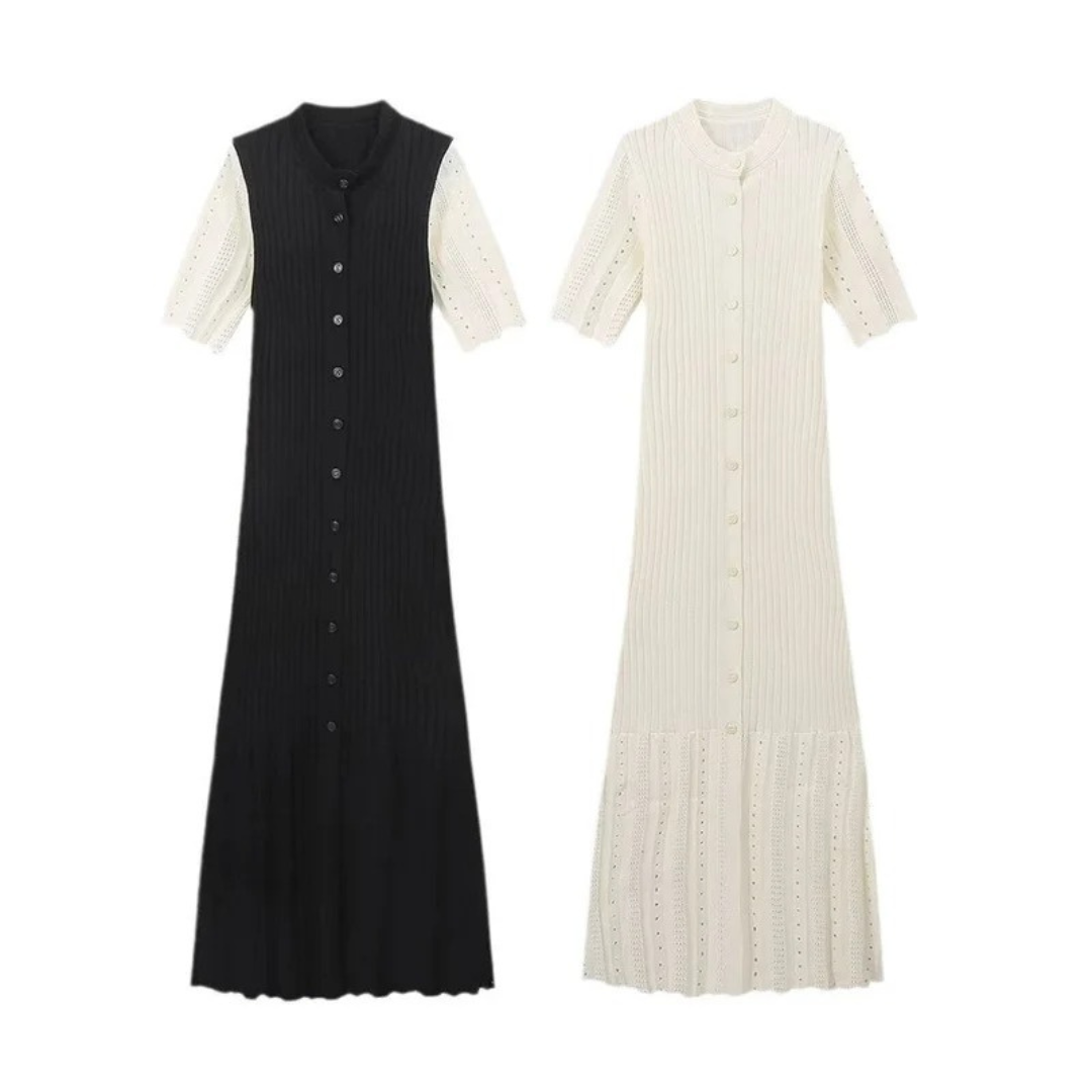 Adelina | Damen Strickkleid mit Maxi Länge, Knöpfen und Rippen Optik