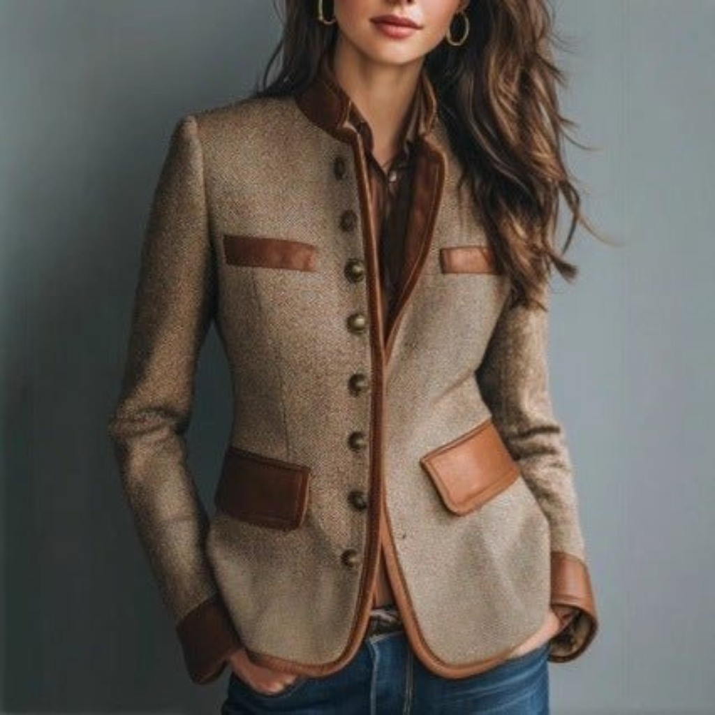 Agathe | Damen Stilvoller Braun Tweed Blazer