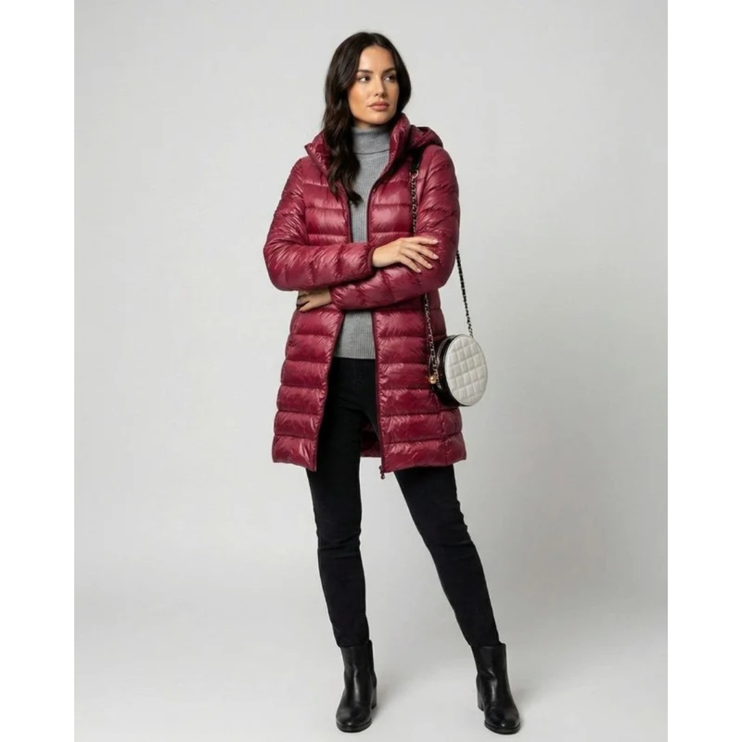 Aileen | Damen Steppjacke mit Kapuze, Reißverschluss und langer Silhouette