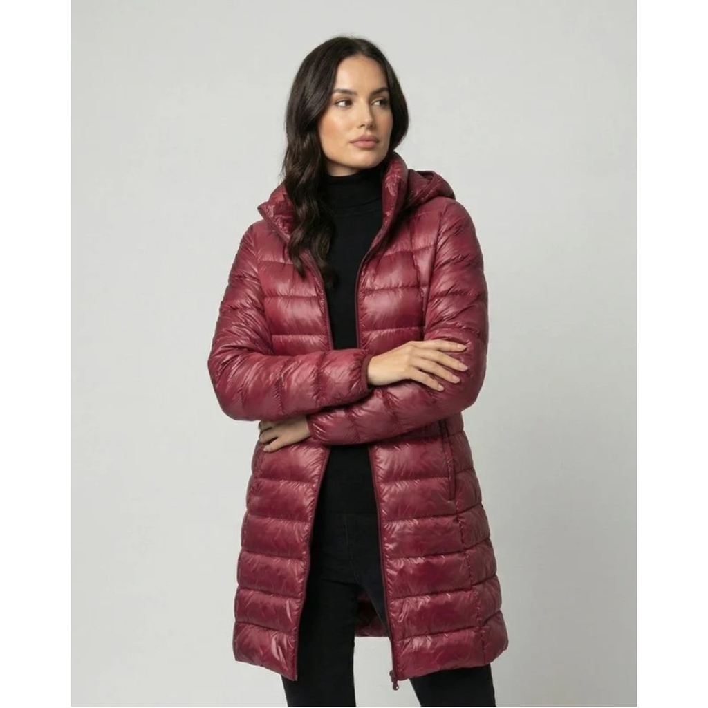 Aileen | Damen Steppjacke mit Kapuze, Reißverschluss und langer Silhouette