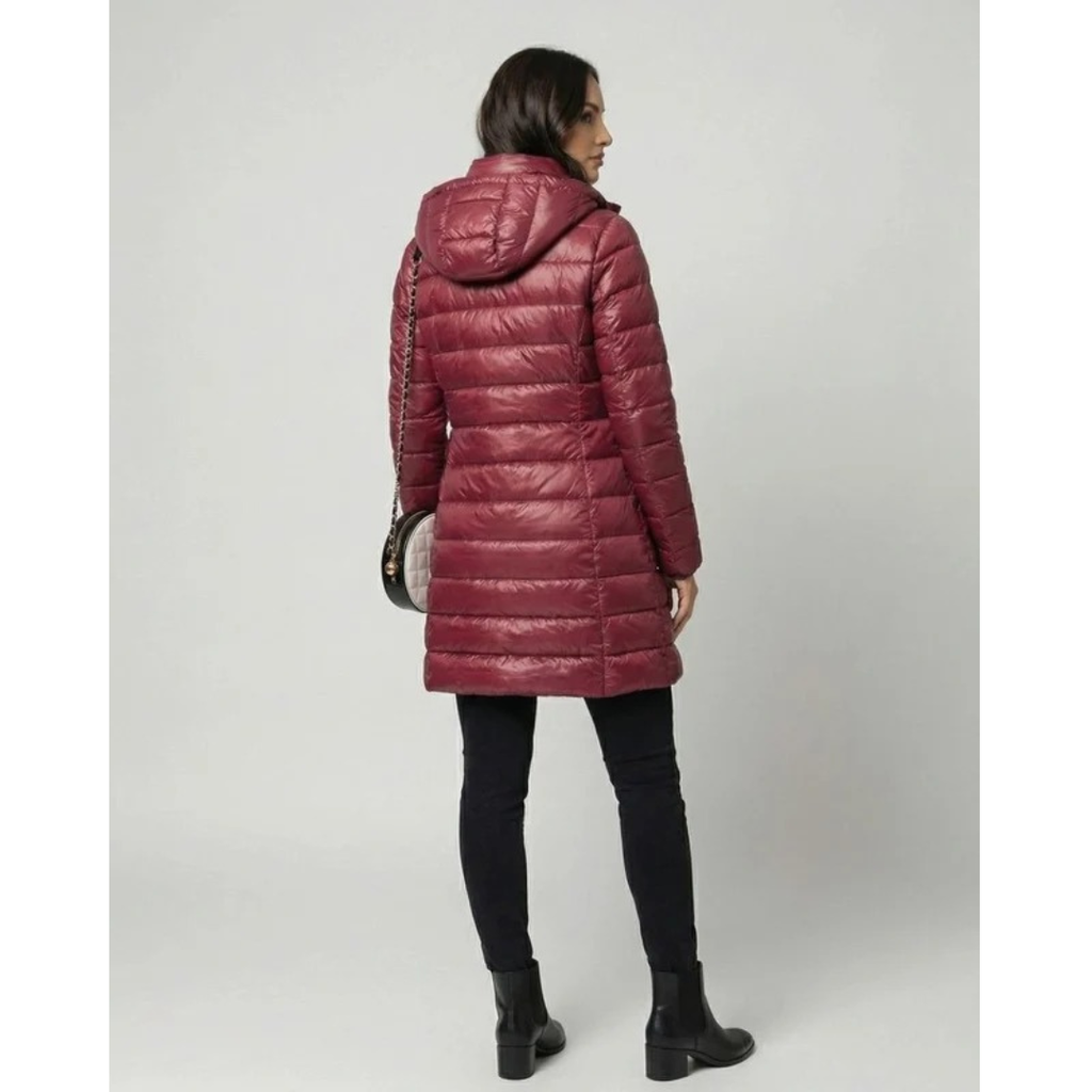 Aileen | Damen Steppjacke mit Kapuze, Reißverschluss und langer Silhouette