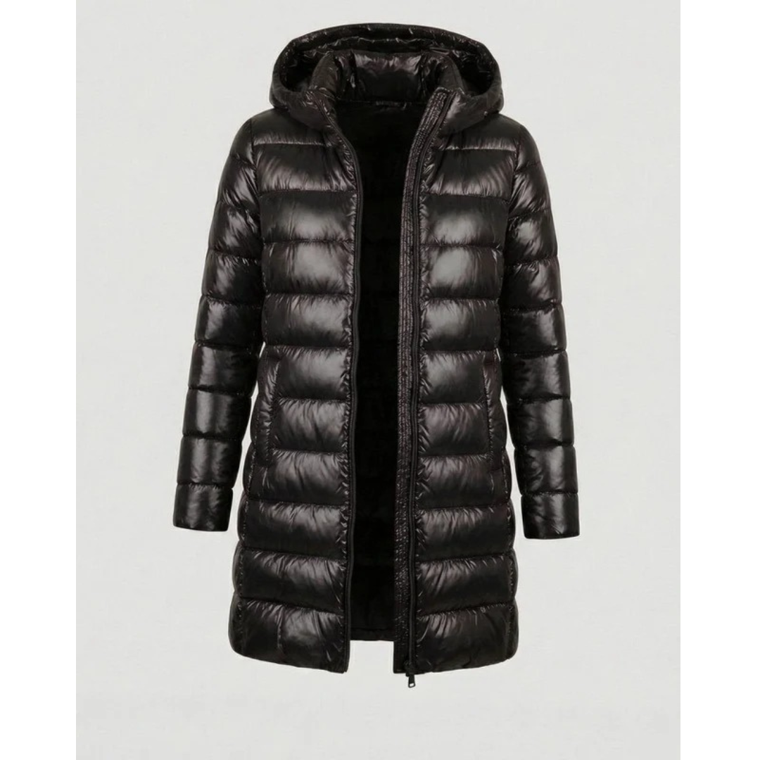 Aileen | Damen Steppjacke mit Kapuze, Reißverschluss und langer Silhouette