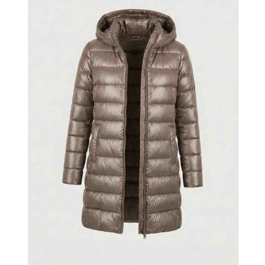 Aileen | Damen Steppjacke mit Kapuze, Reißverschluss und langer Silhouette