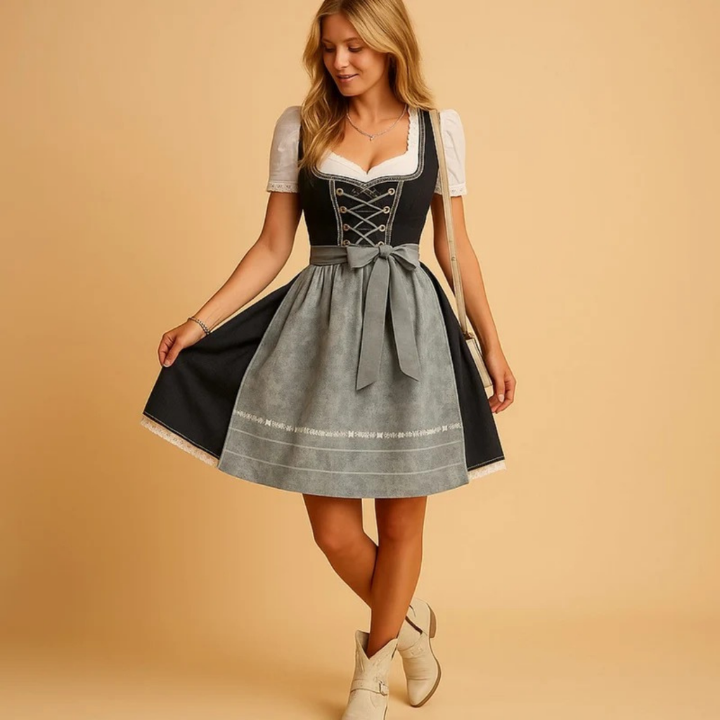 Alberta | Damen Anthrazit Oktoberfest Dirndl mit Spitzen Top und Schleifen Detail