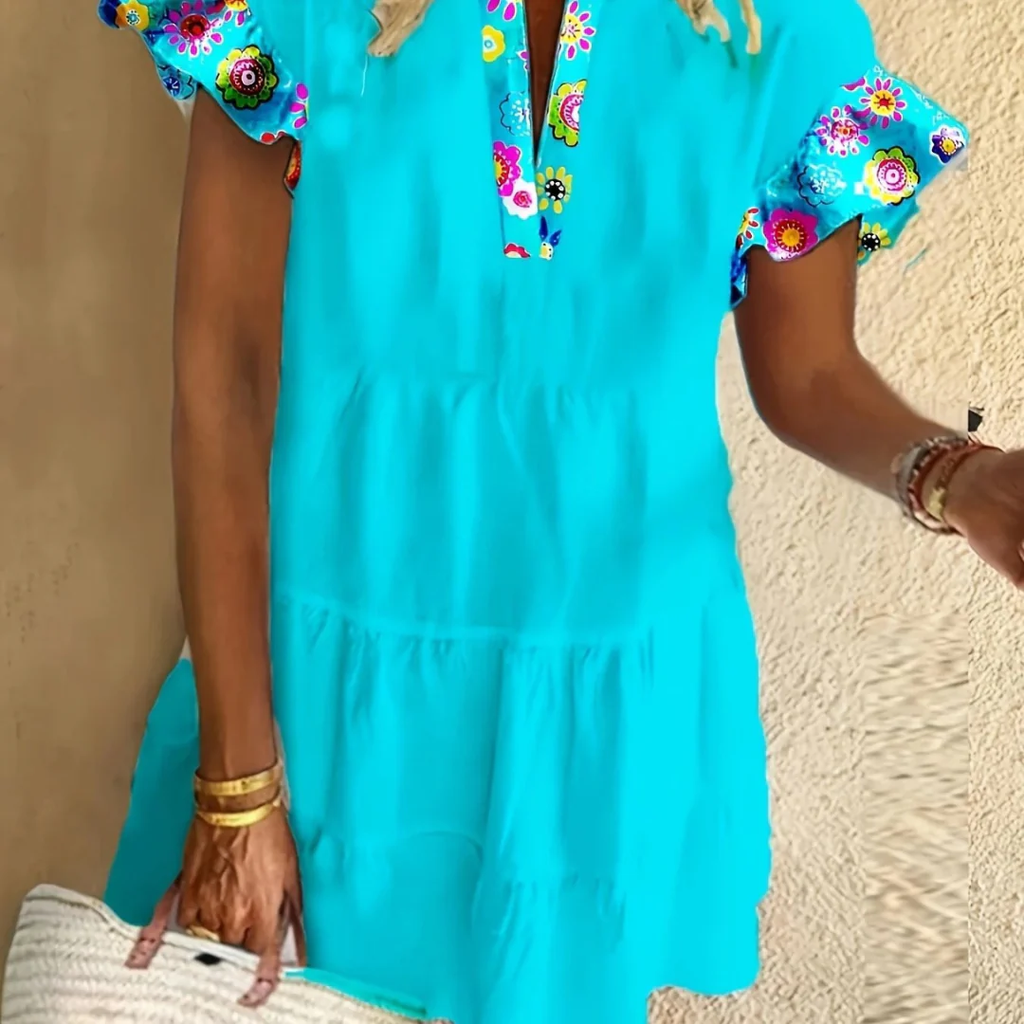 Alessandra | Damen Sommerkleid Mini Boho Blau Rüschen Design
