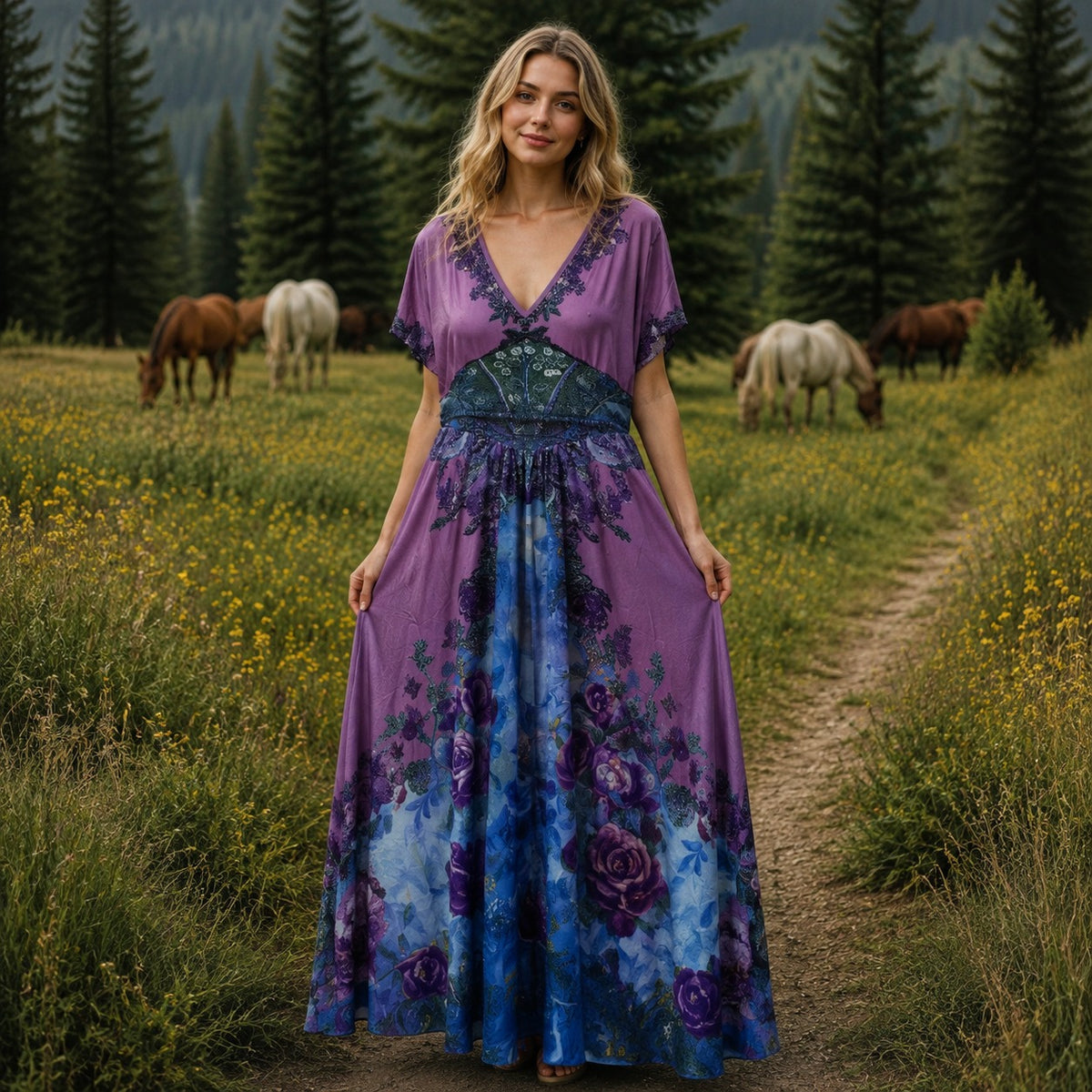 Alice | Damen Freizeit Maxikleid Mit V-Ausschnitt