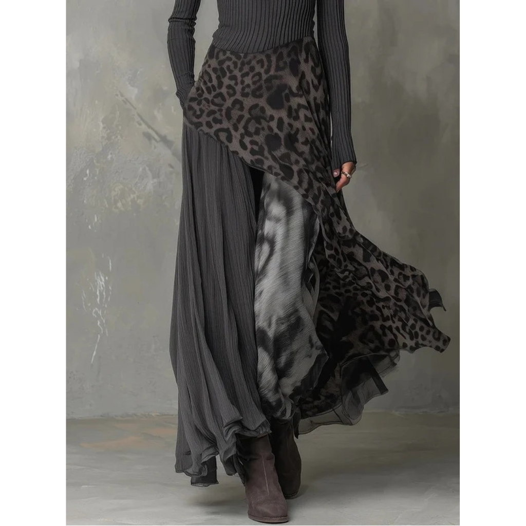 Alina | Damen Grau Langarm Maxikleid mit Muster