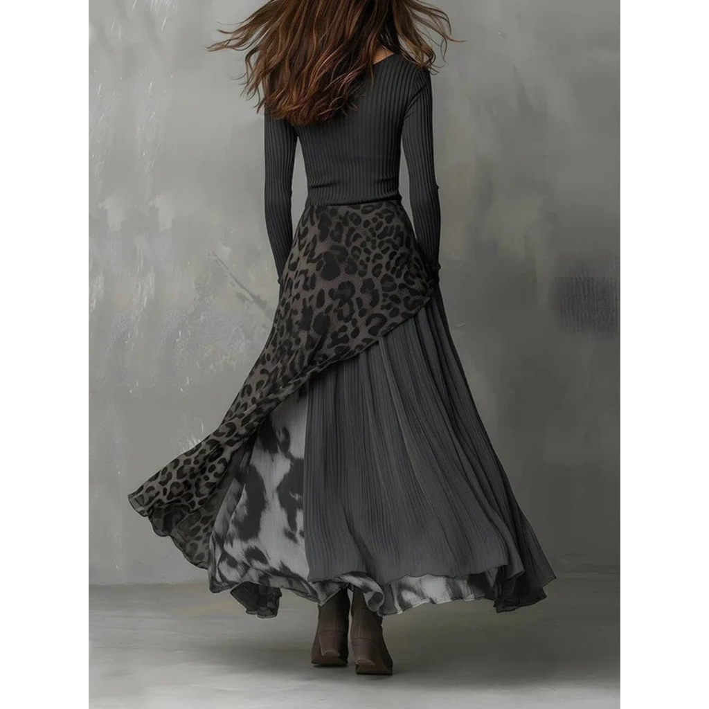 Alina | Damen Grau Langarm Maxikleid mit Muster