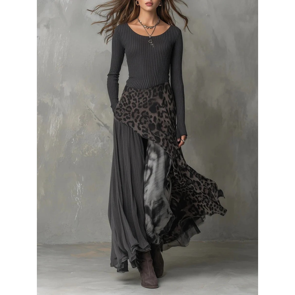 Alina | Damen Grau Langarm Maxikleid mit Muster
