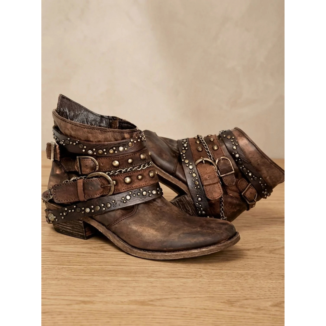 Alina | Damen Vintage Westernstiefel mit Schnallen und Nieten