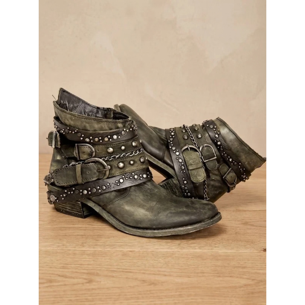 Alina | Damen Vintage Westernstiefel mit Schnallen und Nieten