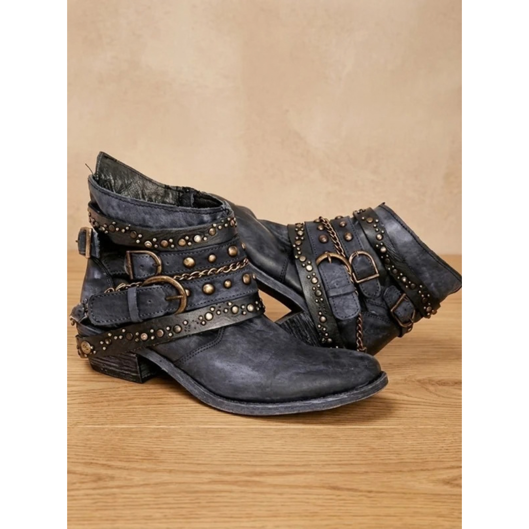 Alina | Damen Vintage Westernstiefel mit Schnallen und Nieten