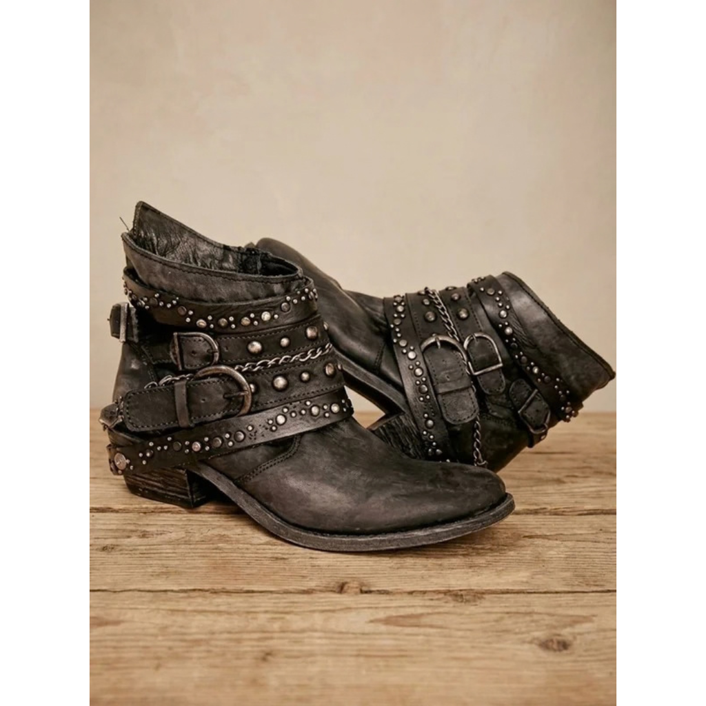 Alina | Damen Vintage Westernstiefel mit Schnallen und Nieten
