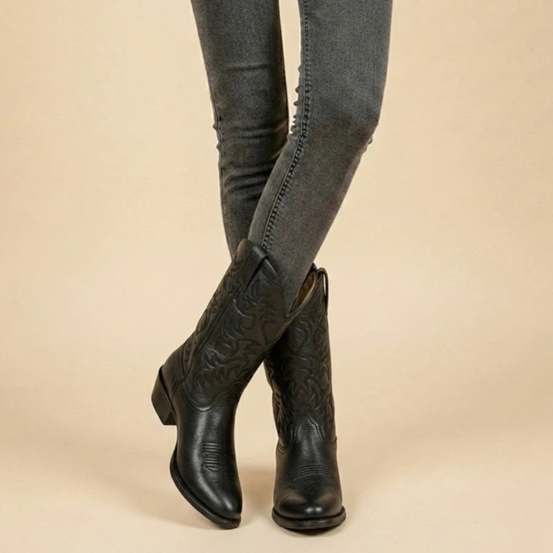 Allegra | Damen Orthopädische Cowboy Stiefel im klassischen Western Stil mit Stickerei