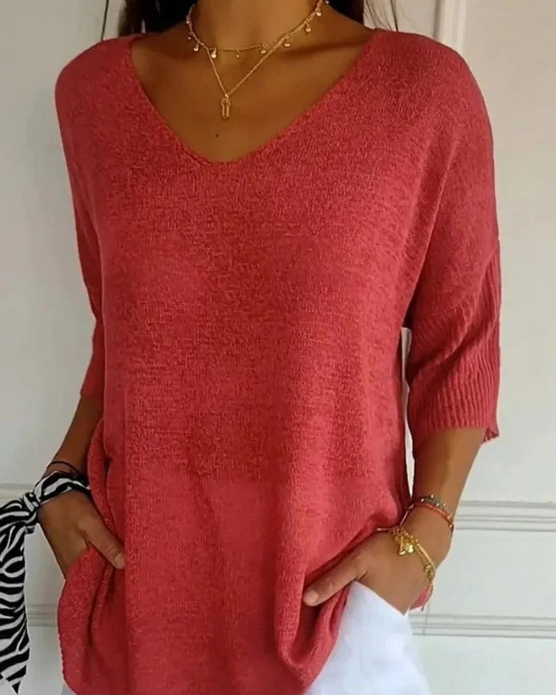 Alltag Damen lockere Strickbluse mit V-Ausschnitt | 3/4-Arm