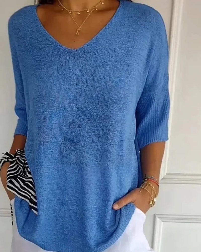 Alltag Damen lockere Strickbluse mit V-Ausschnitt | 3/4-Arm