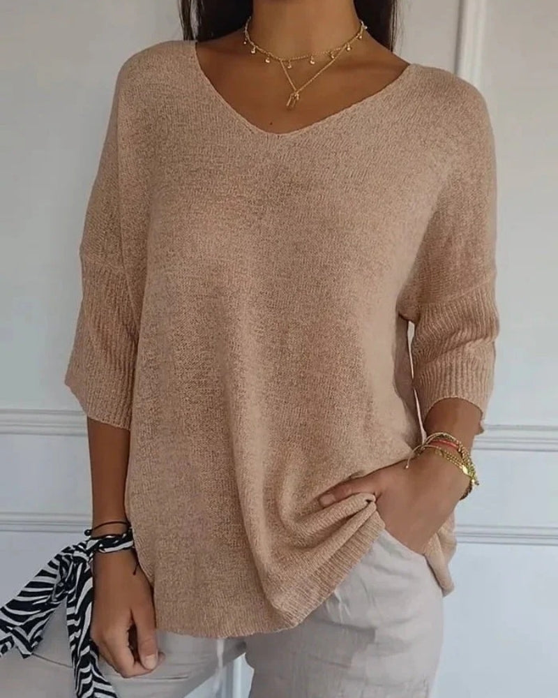 Alltag Damen lockere Strickbluse mit V-Ausschnitt | 3/4-Arm
